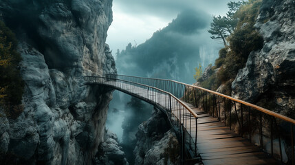 A dramatic wooden walkway winds along towering mist-covered cliffs, leading through a breathtaking mountain gorge — a mysterious and inspiring path inviting exploration, courage, and adventure into