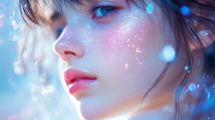 Close-up portrait of a young woman with ethereal makeup and soft lighting.