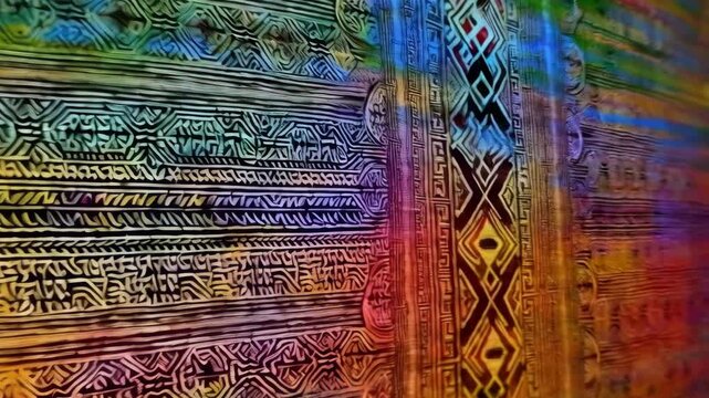 Vibrant tribal pattern with geometric forms and rainbow gradient creating abstract surface texture, wall art inspired by African folk motif, graphic