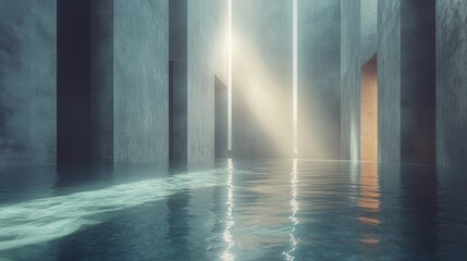 Submerged concrete passageway bathed in ethereal light.