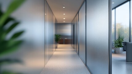 Modern office hallway with frosted glass walls.