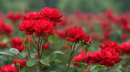 A beautiful vibrant red rose bush in full bloom with lush green leaves stands out against a blurred background of more roses in a garden setting outdoors.