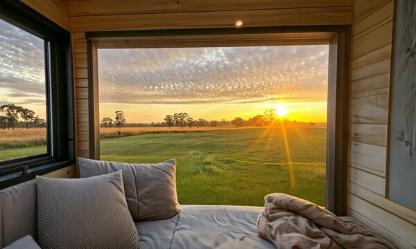 Sunrise Tiny House View: Tranquil Morning in Nature's Embrace