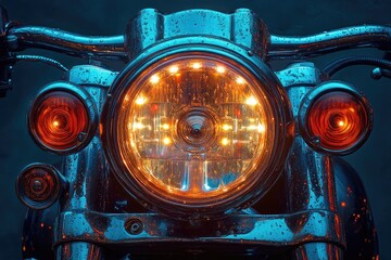 Close-up view of a motorcycle headlight with vibrant lighting.