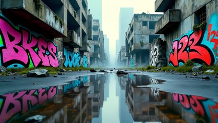 Obraz premium dystopian city graffiti reflection