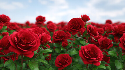 Obraz premium A beautiful field of vibrant red roses stretches towards the horizon under a clear, bright blue sky, creating a stunning and romantic floral landscape view here.