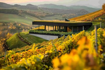 A vineyard set in a lush green valley, with golden autumn leaves adorning the vines and a modern winery with a green roof nestled in the landscape 
