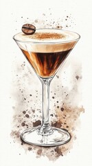 Martini Espresso alcoholic cocktail watercolor isolated painting. Art deco layered coffee drink in beautiful glass. Design for menu of a bar, restaurant, caf&eacute; or party invitation