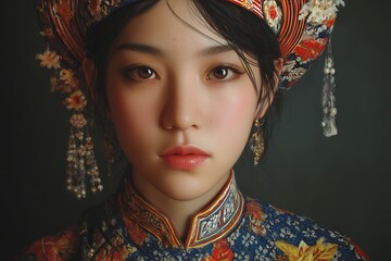 Elegant Asian Lady Wearing Vietnamese Traditional Outfit  
