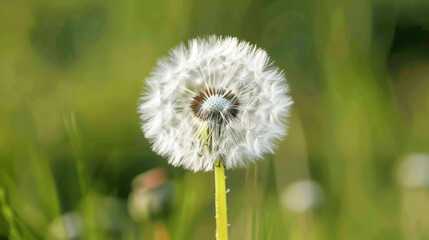 Fototapeta premium Dandelion seed head in sharp focus against grassy background.