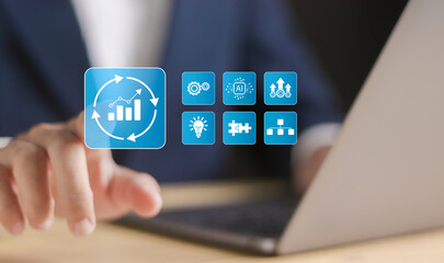 Process management concept, optimization operation, fix strategy industry, success, growth and profit. Businessman using laptop with process management icon on virtual screen.