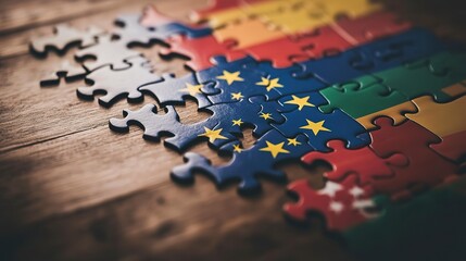 Flags representing EU countries fit together like a puzzle to symbolize cooperation and unity among member states