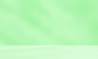 Empty green room studio with sunlight effect shadow of leaves. Minimal background for product presentation. Summer spring backdrop. Cosmetic and beauty products display room.