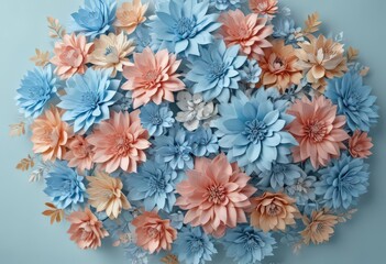 Cluster of colorful paper flowers, light blue, central blank area,  floral design,  design,  petal