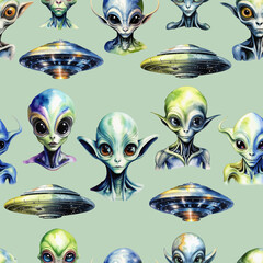 alien, space man with big eyes, flying saucer, ufo, pattern, seamless texture. watercolor illustration. artificial intelligence generator, AI, neural network image. background for the design