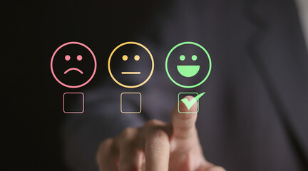 Customer loyalty and Customer satisfaction in providing feedback for quality service. Businessman...