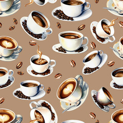 a cup of hot coffee, a delicious drink, a pattern, a seamless texture. watercolor illustration. artificial intelligence generator, AI, neural network image. background for the design