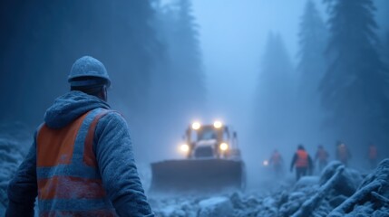 Early morning in a snow-covered forest, workers in bright orange vests operate machinery to clear a road. Thick fog enhances the cold winter atmosphere, highlighting their efforts