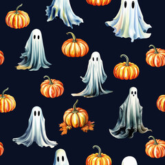 orange pumpkins and a cute ghost, October 31, Halloween, pattern, seamless texture. watercolor illustration. artificial intelligence generator, AI, neural network image. background for the design