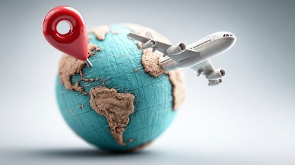 Global Travel Concept with Airplane and Location Pin on Earth Globe