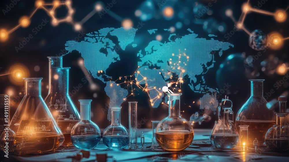 Poster Lab equipment and a world map in the background