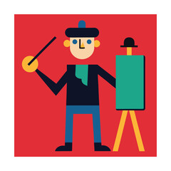 Abstract artist with beret holding paintbrush and canvas on a red background