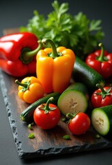 vibrant vegetable medley fresh organic colors gourmet cuisine culinary presentation slate cutting board, ingredients, carrot, pepper, zucchini, broccoli