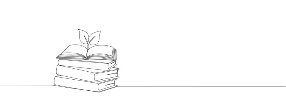 Drawing of a stack of books with a plant sprout in one continuous line. Symbol of education, reading and writing in one line style . Vector editable illustration