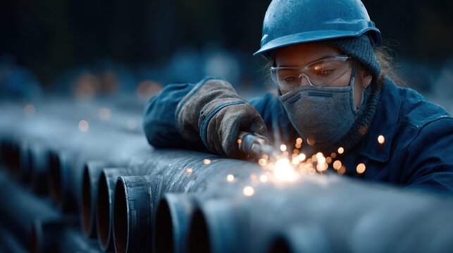worker engages in welding steel pipes at a construction site during the evening, displaying focus and skill as sparks fly from the welding process, reflecting dedication and craftsmanship