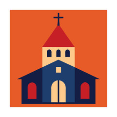 Colorful geometric illustration of a church building with a red roof and a cross