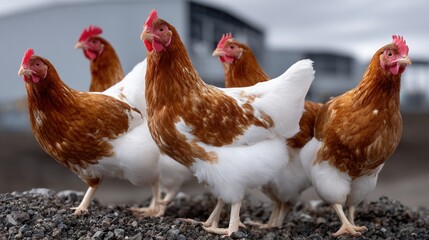 Fototapeta premium group of brown and white hens are exploring their surroundings on a farm