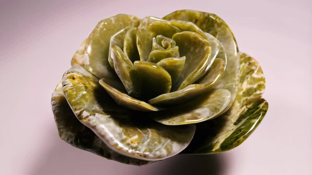 Handcrafted serpentine stone flower blossom sculpture with swirling pattern and smooth glossy finish, decorative objet d'art for home decor or gifting.