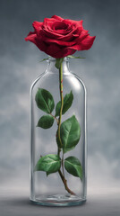 A vibrant red rose with lush green leaves is elegantly displayed inside a clear glass bottle against a soft, diffused gray background in a captivating still life.
