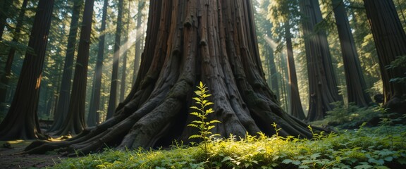 Sunlit sapling growing in ancient redwood forest surrounded by towering trees.