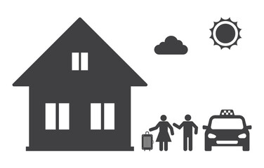 taxi car driver with woman at house icon