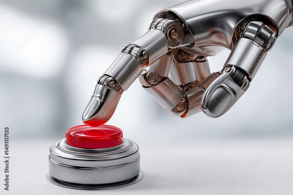 Poster Robotic hand pressing glowing red emergency button representing artificial intelligence control and futuristic decision-making, Generative AI