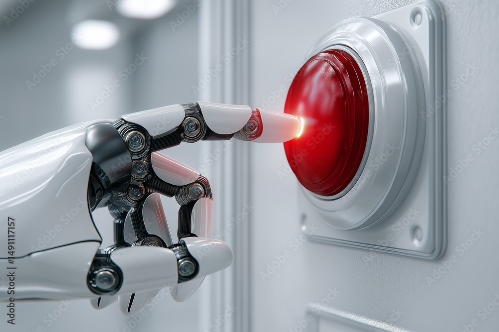 Poster Robotic hand pressing glowing red emergency button representing artificial intelligence control and futuristic decision-making, Generative AI