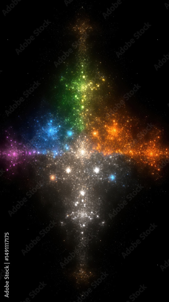 Poster vibrant iridescent triangular fractal design with high contrast on a black background