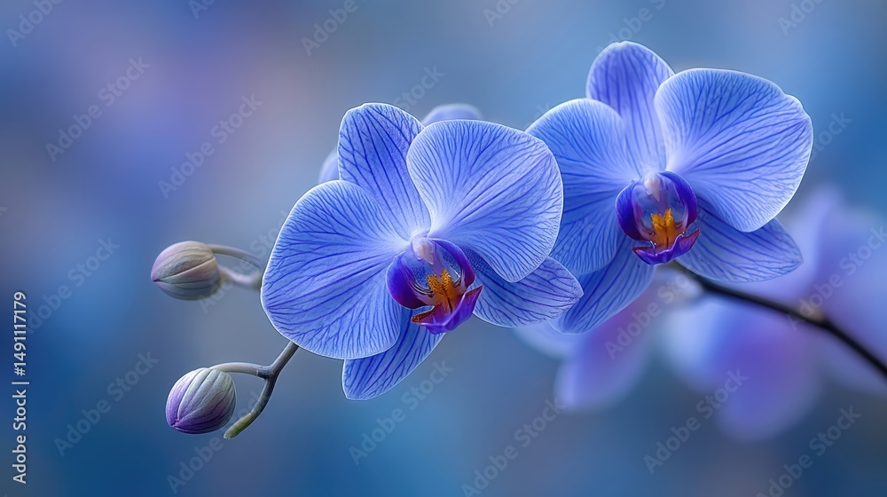 Poster blue orchids bloom gracefully against a soft blue background in a serene natural setting