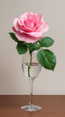 Fototapeta premium A delicate pink rose elegantly stands in a glass of water, its vibrant petals and verdant leaves creating a serene still life against a neutral backdrop indoors.