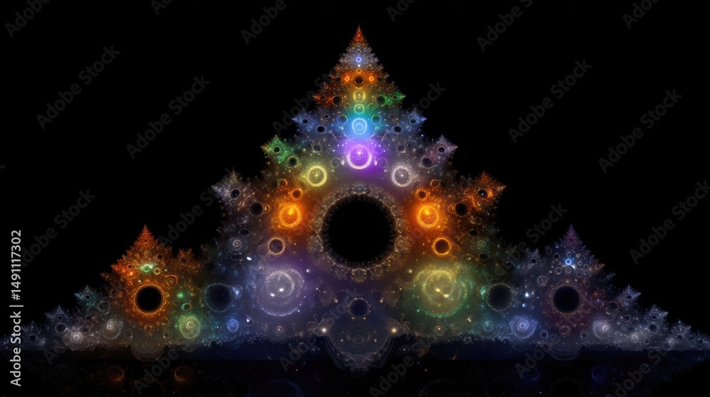 Poster Bright Iridescent Triangular Fractal Design With High Contrast on a Black Background