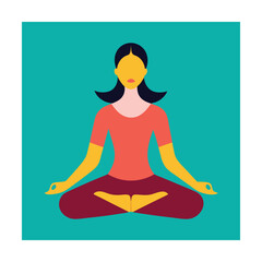 Woman meditating in lotus position against turquoise background minimalist flat vector illustration