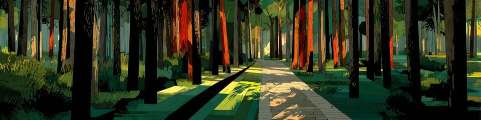 Naklejka premium Forest Path Painting: A tranquil forest path, enveloped by towering trees with sunlight streaming through, creates a captivating scene, evoking feelings of peace, exploration.