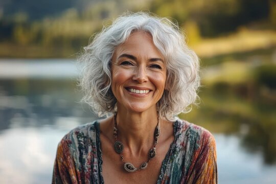Joyful senior woman smiling by the serene lakeside during golden hour in nature - Powered by Adobe