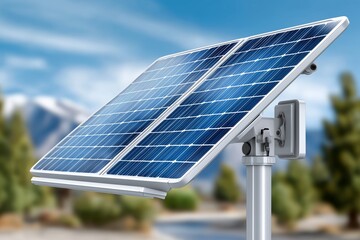 Obraz premium Autonomous solar panel system on metal pole in natural outdoor landscape representing off-grid renewable energy and clean power solutions, Generative AI