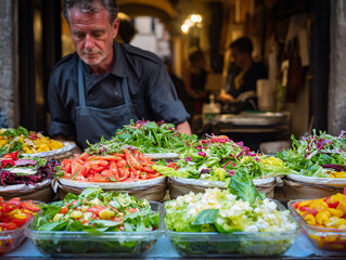 Obraz premium Farmers Market Outdoor Display: Fresh Vegetables, Salads, and Fruits from Local Farms for Healthy Urban Tourism