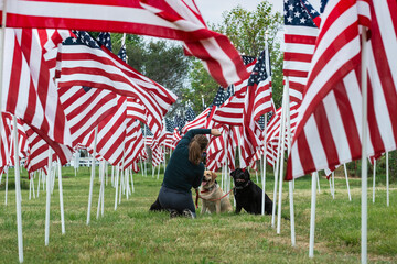 A women taking a photograph of her dogs among US flags