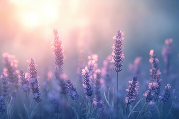 Lavender field at sunrise, soft light illuminates purple flowers, peaceful and serene scene.