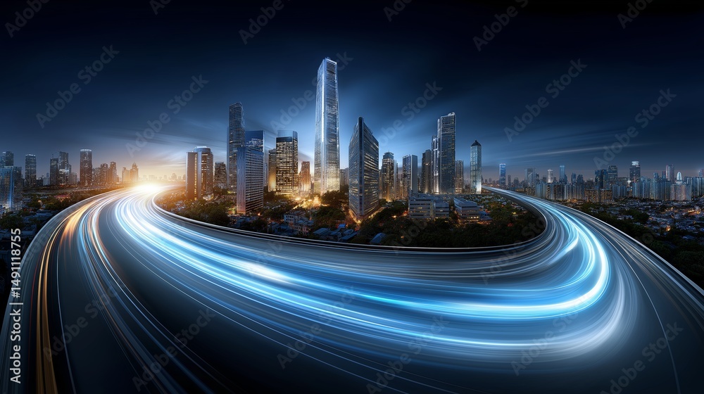 Poster aerial view of futuristic city with glowing light stream through skyscrapers at night symbolizing sm