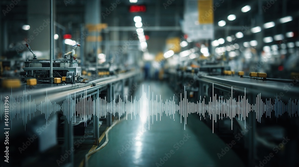 Poster assembly line with digital waveform overlay in factory environment